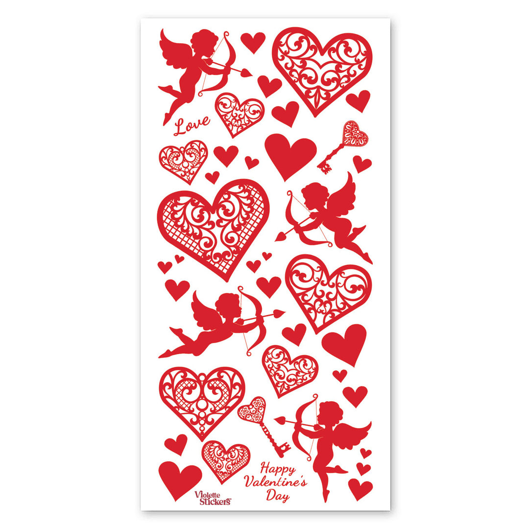Red Foil Lace Hearts And Cupid Stickers