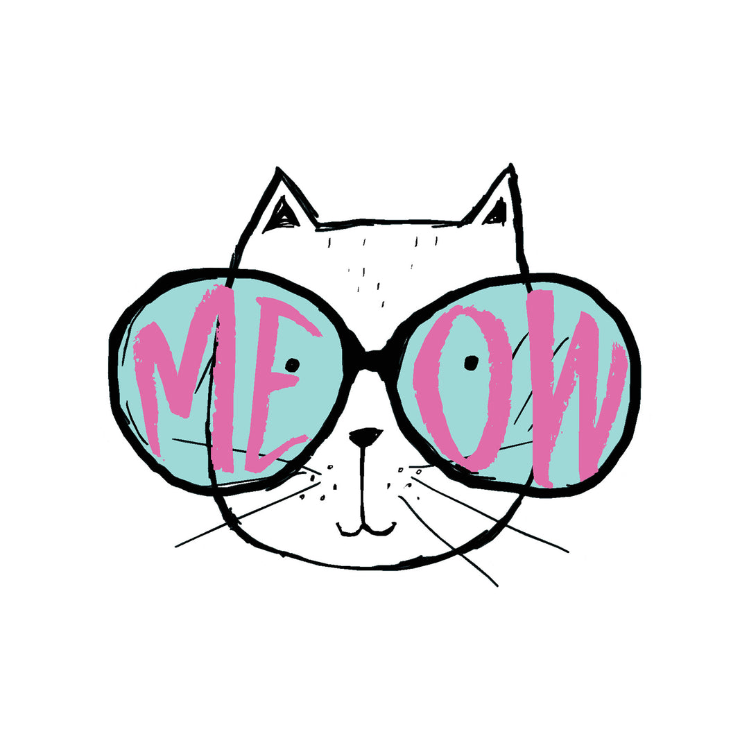 Animated Cat Face Wearing Glasses That Say Meow Vinyl Sticker Decal