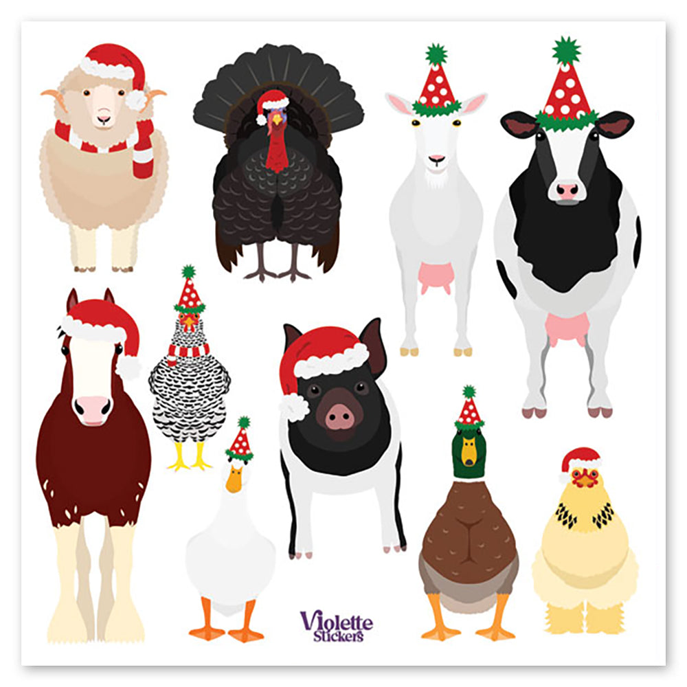 Farm Animals Wearing Santa Hats Stickers