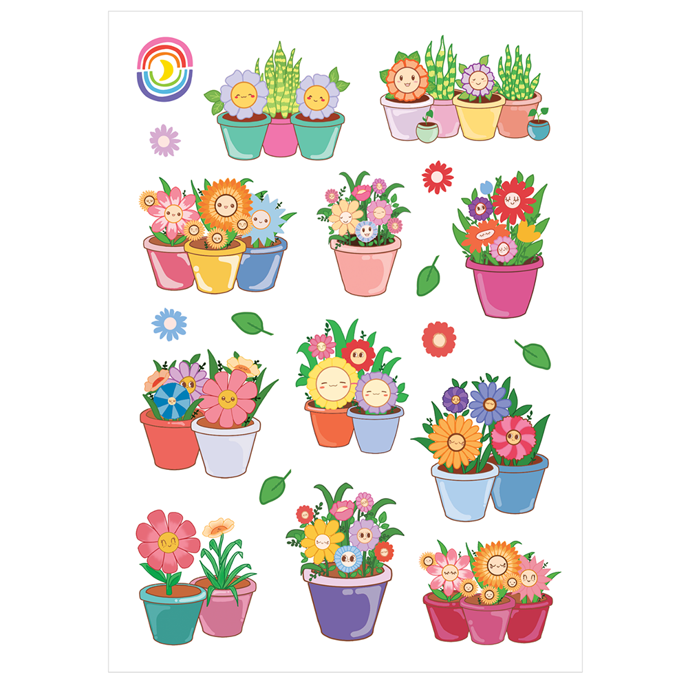 Kawaii Flowering Plants In Pots Glossy Sticker Sheet