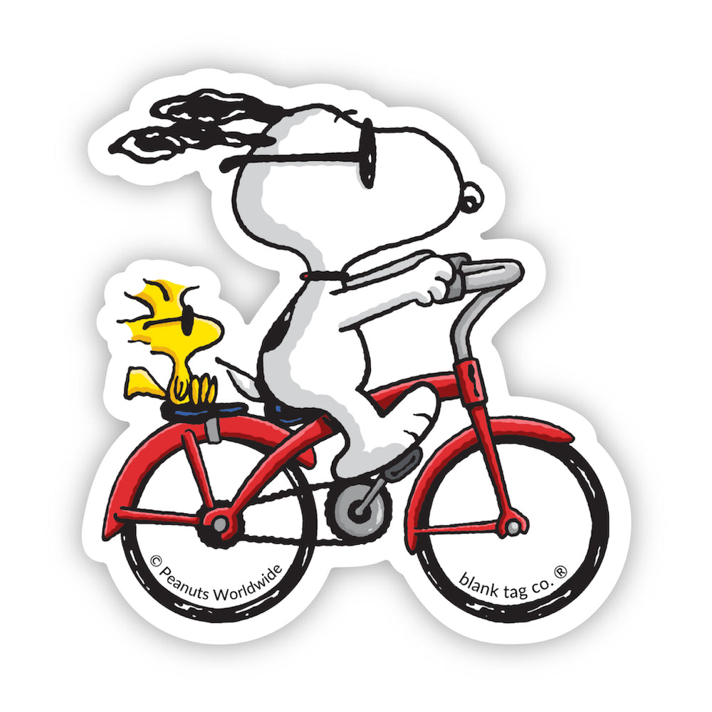 bicycle sticker shop near me The Peanuts Snoopy Riding A Bicycle Vinyl Sticker Decal – Sticker Planet
