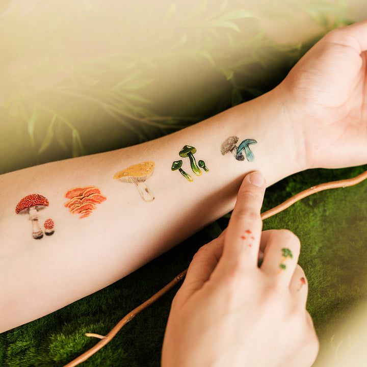 Person Wearing Colorful Mushrooms Temporary Tattoos