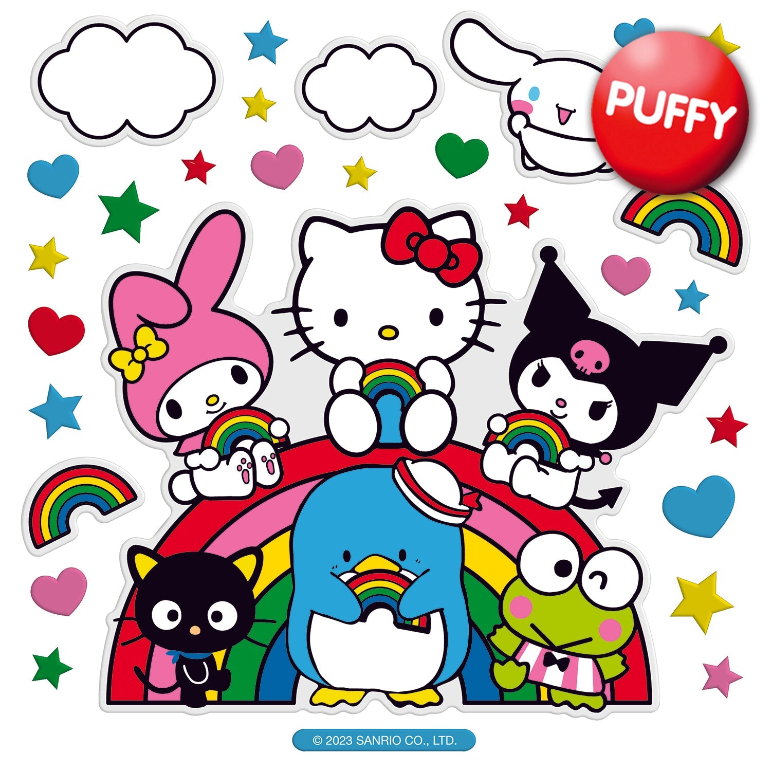 Sanrio characters on a rainbow holding rainbows, surrounded by stars, hearts, and clouds.