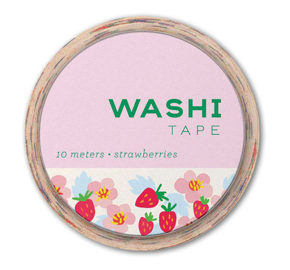 Washi tape roll with strawberries and pink flowers design, labeled 10 meters.