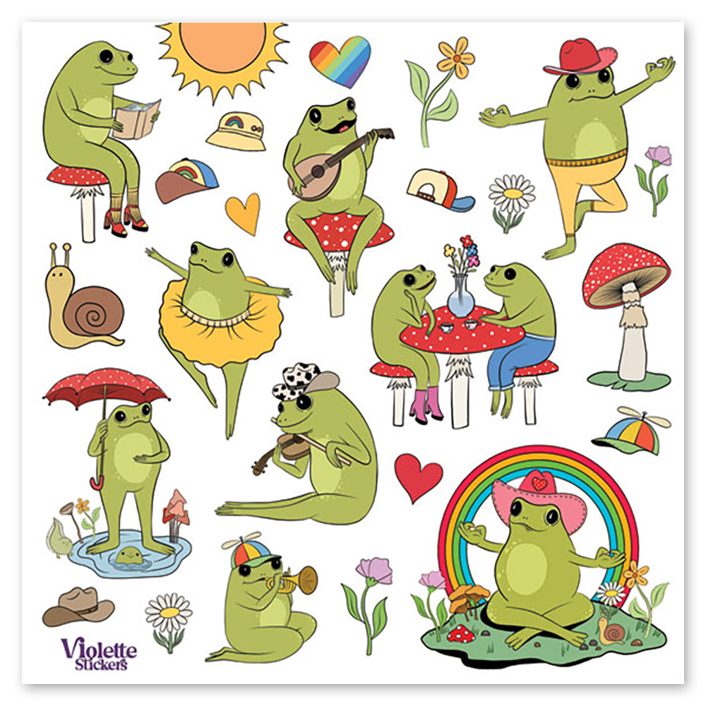 Cartoon frogs doing activities like reading, dancing, playing instruments, and sitting under a rainbow