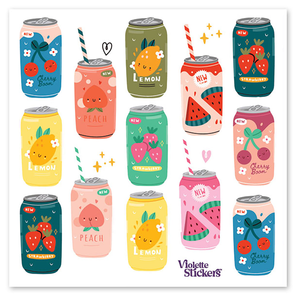 12 cute illustrated soda cans in cherry, peach, lemon, strawberry flavors.