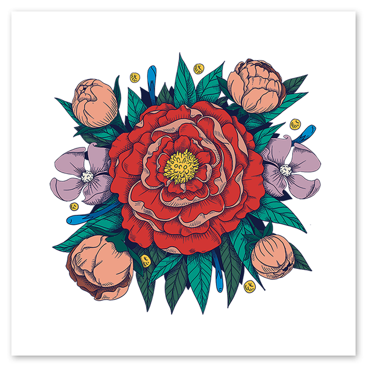 Red Peony Surrounded By Other Flowers Tattly Temporary Tattoos