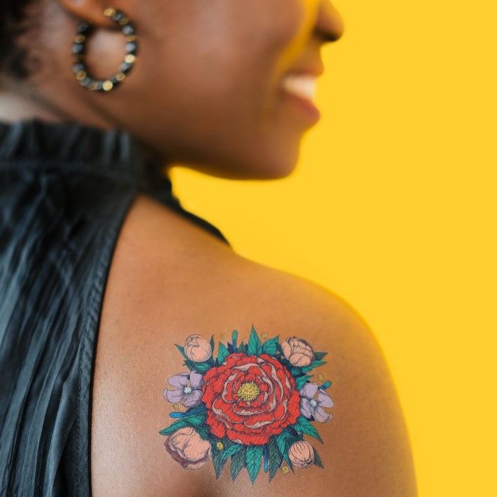 Red Peony Tattly Temporary Tattoos On A Person's Shoulder