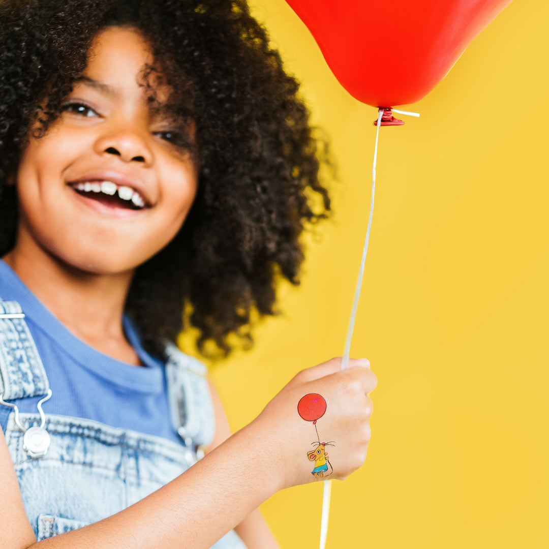 Mouse Holding A Red Balloon Tattly Temporary Tattoo By Richard Scarry On A Child's Hand