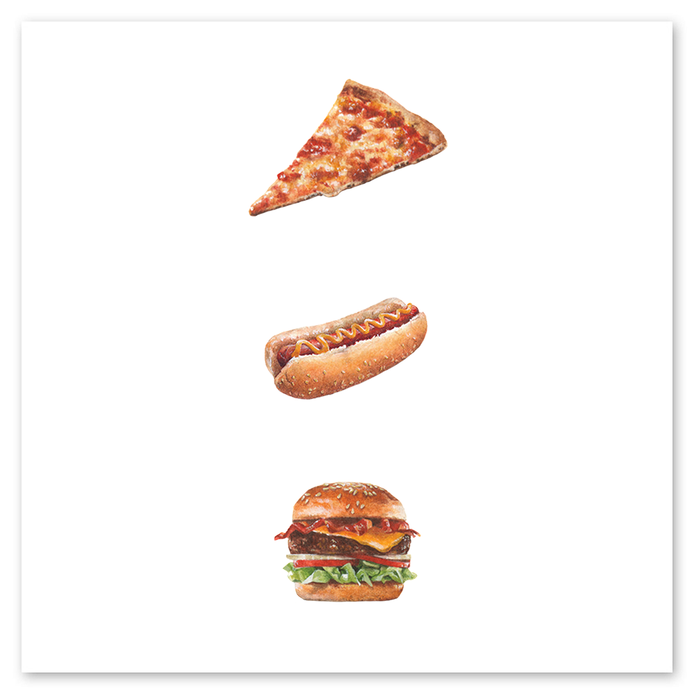 Slice Of Pizza, Hot Dog In A Bun, and A Hamburger On A Bun Tattly Temporary Tattoos