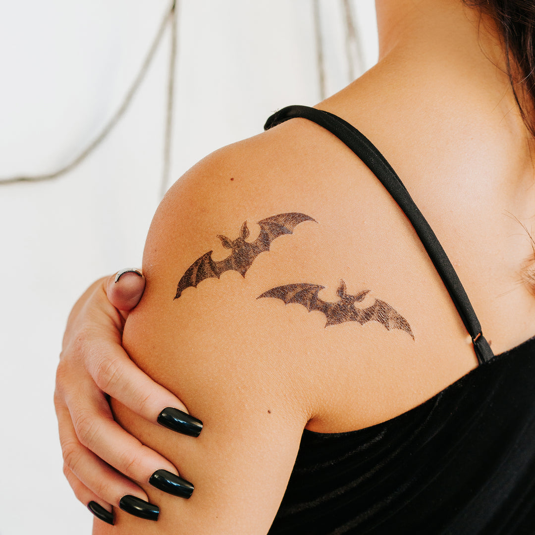 Edward Gorey's Vampire Bat Tattly Temporary Tattoos Applied To Shoulder