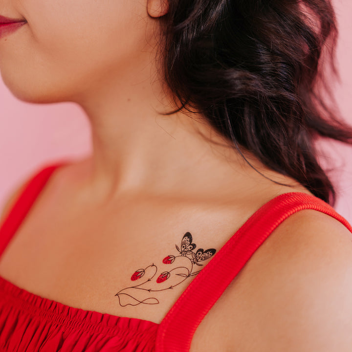 Strawberry Branch Tattly Temporary Tattoos Applied To Shoulder