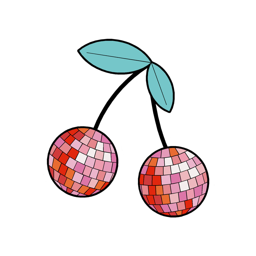 Cherry Disco Vinyl Sticker Decal, An Image of Two Cherries Decorated Like Disco Balls