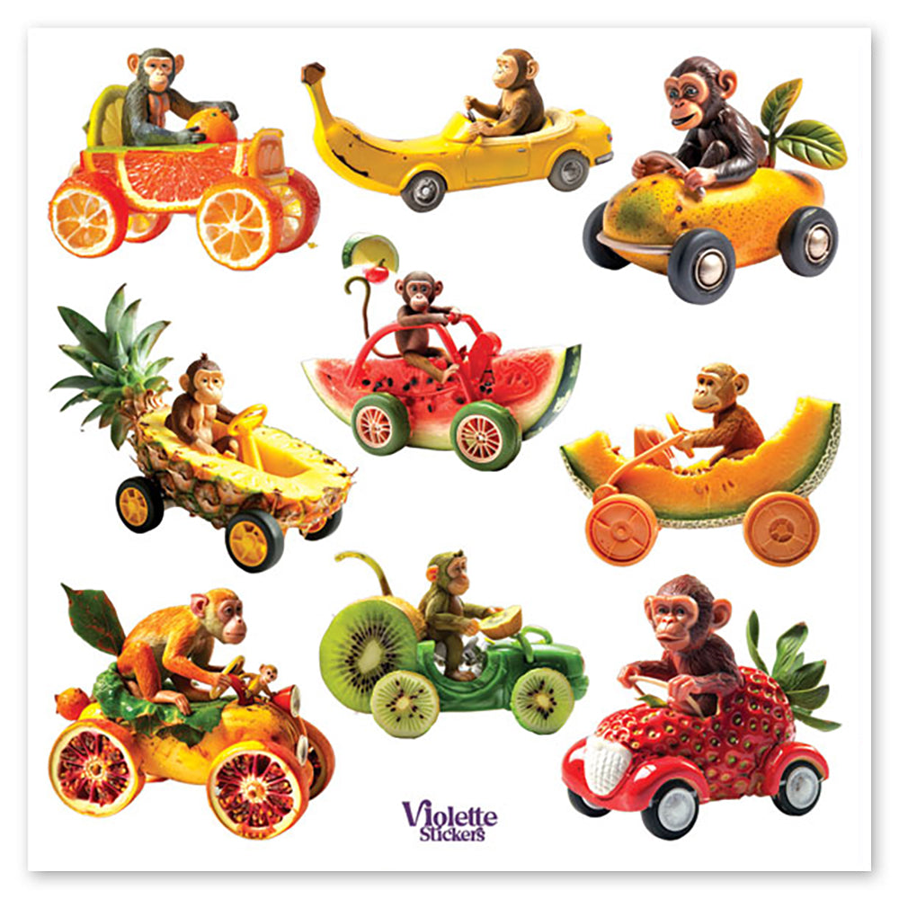 Monkeys In Fruit Cars Stickers