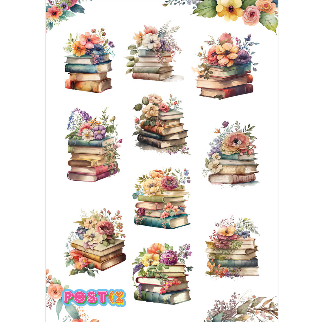 Vintage Books And Flowers Stickers
