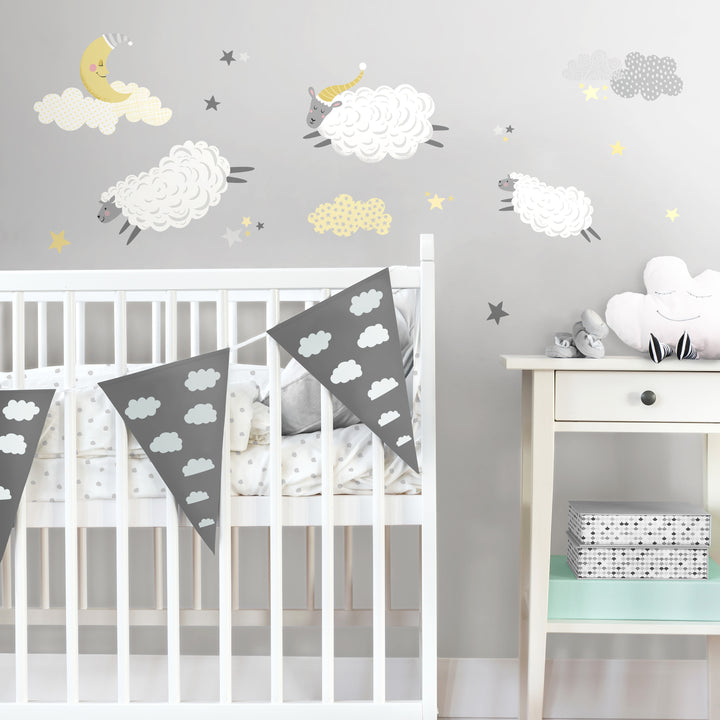 Sheep, Clouds, Moon And Stars Wall Stickers Decorating A Child's Nursery Room Wall