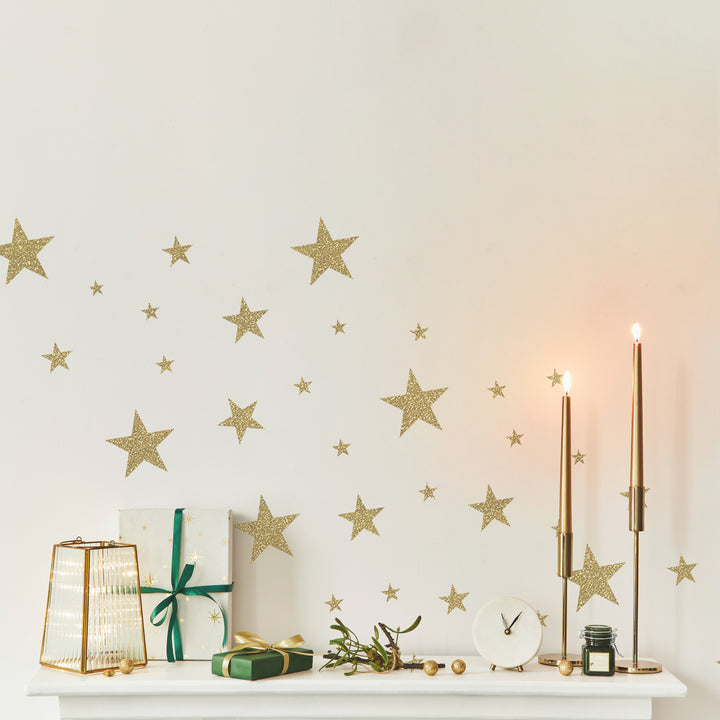 Gold Glitter Twinkle Wall Sticker Decals Shown On A Wall