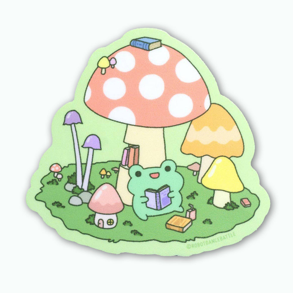 Froggy Reading In Mushrooms Vinyl Sticker Decal