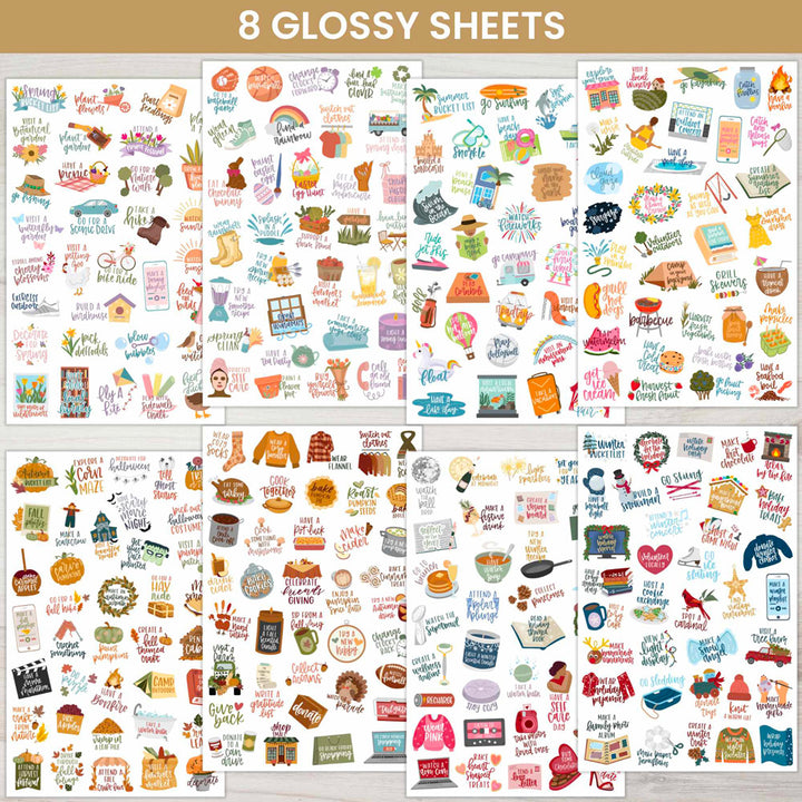 Seasonal Bucket Lists Planner Stickers Pack Showing Detail of Eight Glossy Sheets