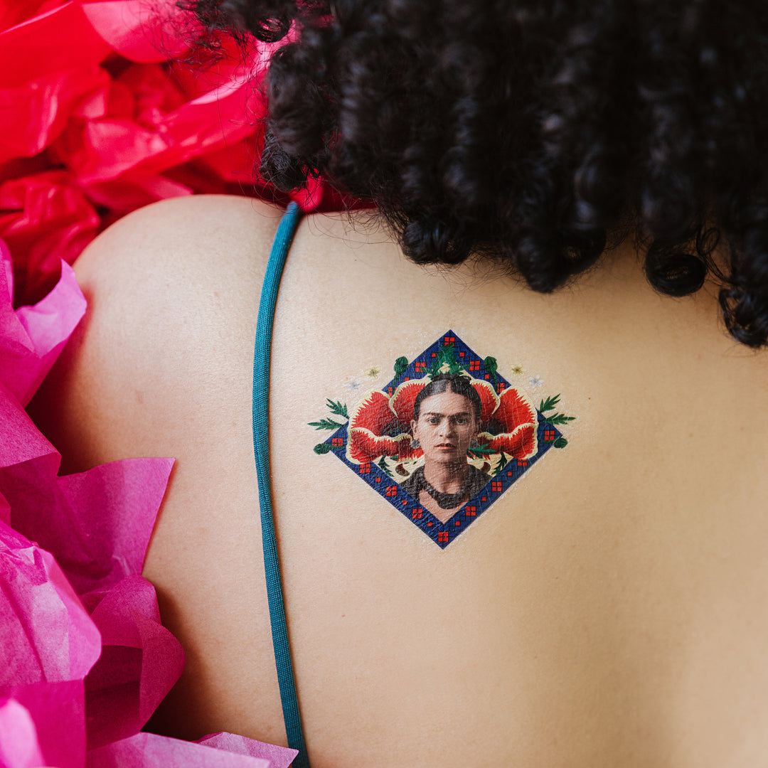 Person Wearing Frida Kahlo with Flowers Temporary Tattoo