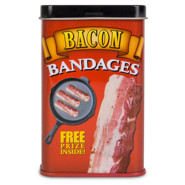 Metal, flip-top tin printed with bacon design and containing bacon-themed bandages.
