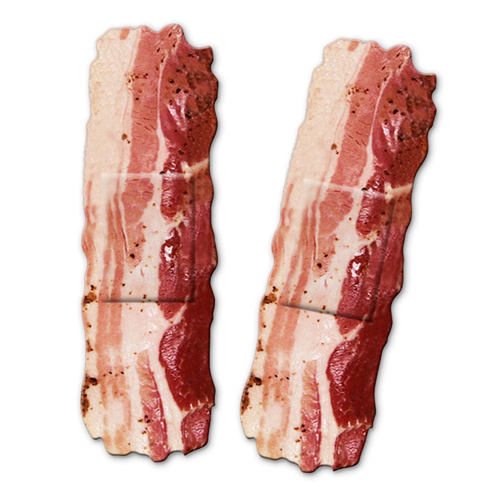 Close-up image of two bacon-themed bandages.